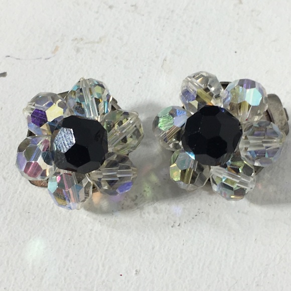 Vintage Clear AB Black Beaded Clip Earrings - Picture 3 of 8
